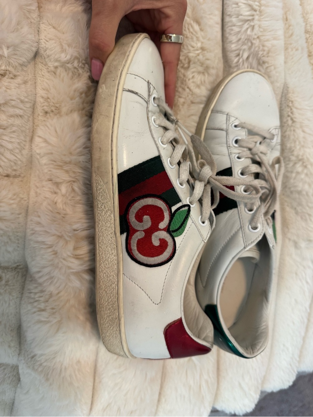 Gucci White Leather Sneakers with Red & Green Stripe and Cherry Motif